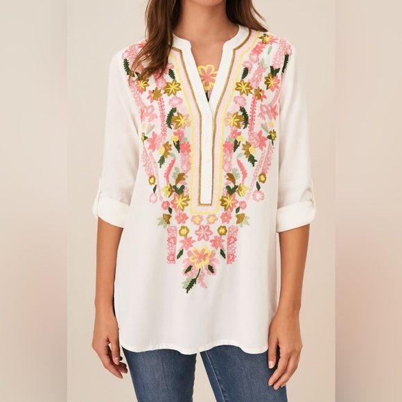 Solitaire Tops - Solitaire Floral Embroidered Split V-Neck Boho Popover Tunic Roll Tab Sleeve L